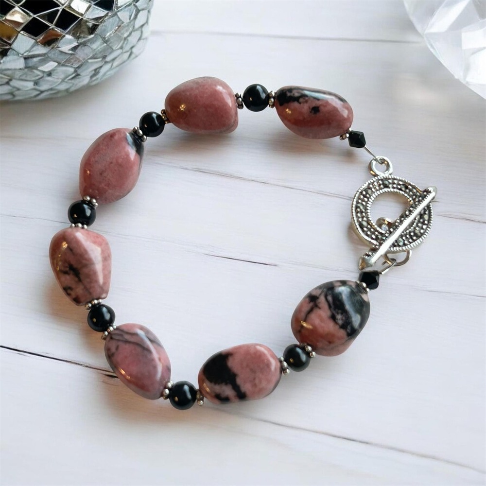 Rhodonite Black Onyx Sterling Silver Marcasite Bracelet 7.5"‎ Handmade